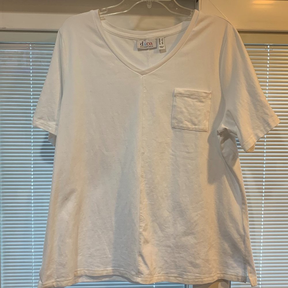 NWOT Denim & Co Women's Cotton Blend Tunic V-Neck Short Sleeve Shirt White Sz Lg